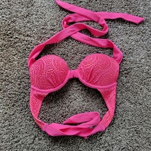 Crochet Emma Aerie Halter PushUp Bathingsuit Top 32B Pink Orange Ladies